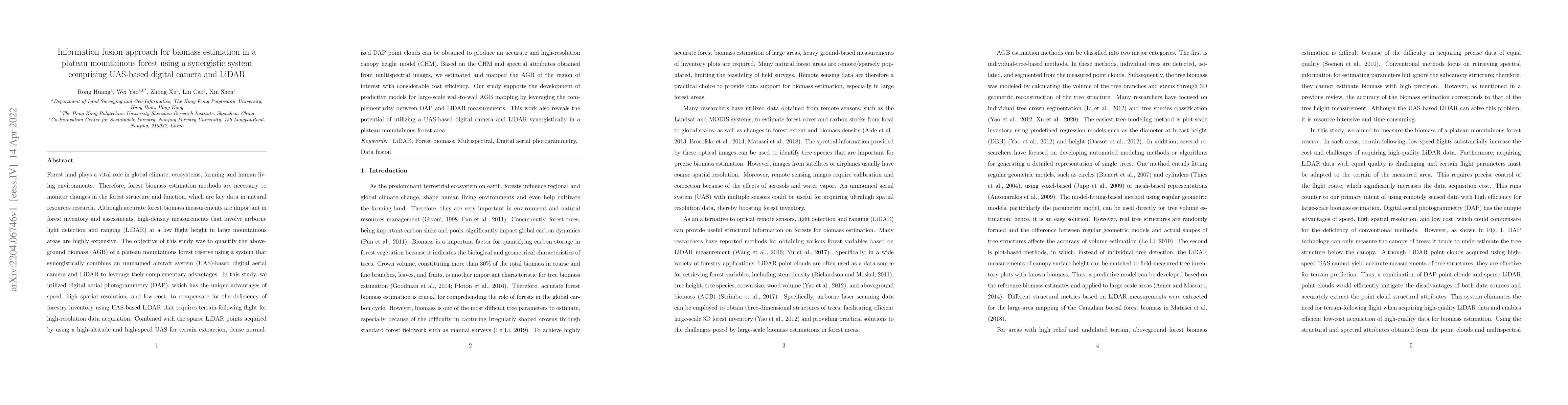 Thumbnail for Information fusion approach for biomass estimation in a plateau
  mountainous forest using a synergistic system comprising UAS-based digital
  camera and LiDAR