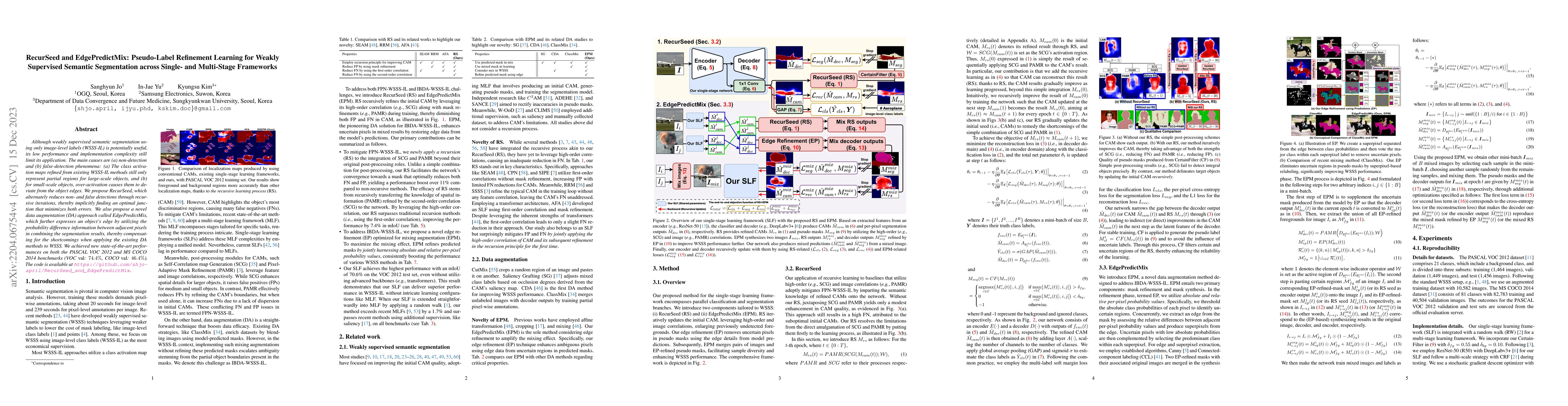 Thumbnail for RecurSeed and EdgePredictMix: Pseudo-Label Refinement Learning for
  Weakly Supervised Semantic Segmentation across Single- and Multi-Stage
  Frameworks