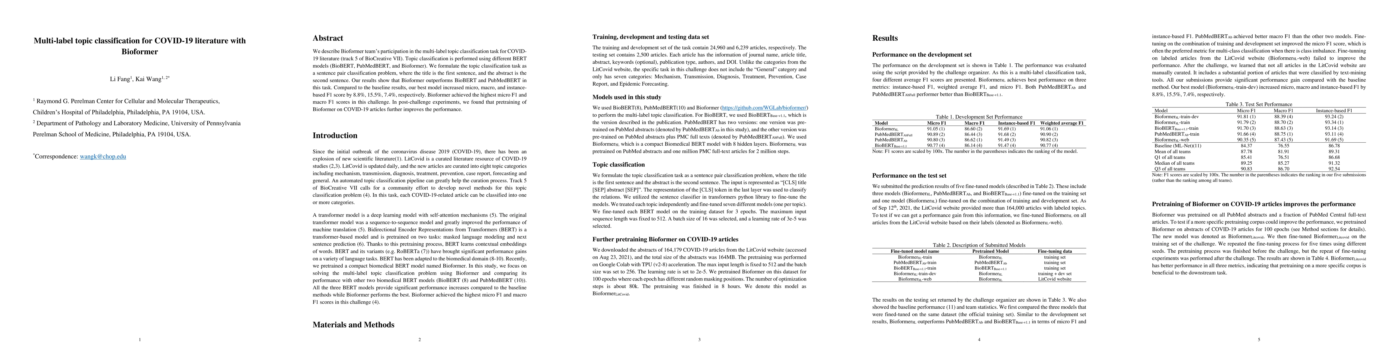 Thumbnail for Multi-label topic classification for COVID-19 literature with Bioformer