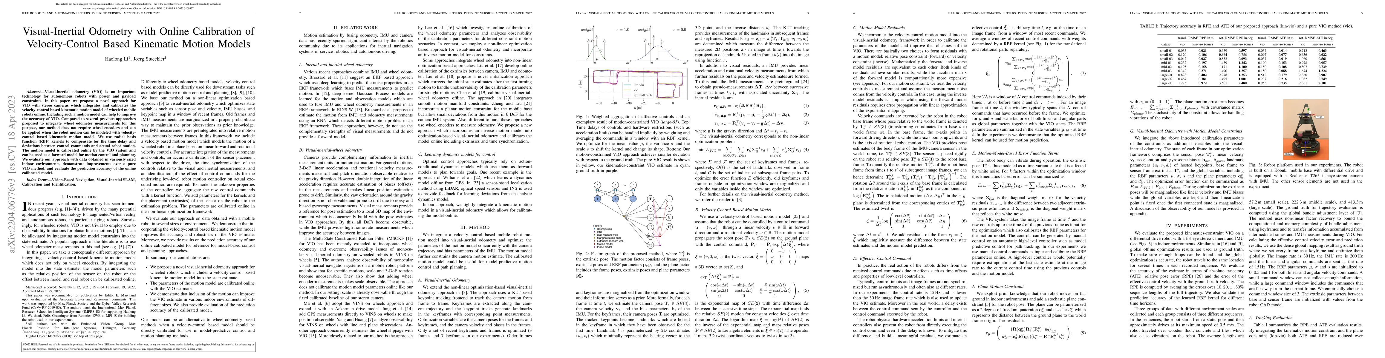 Thumbnail for Visual-Inertial Odometry with Online Calibration of Velocity-Control
  Based Kinematic Motion Models