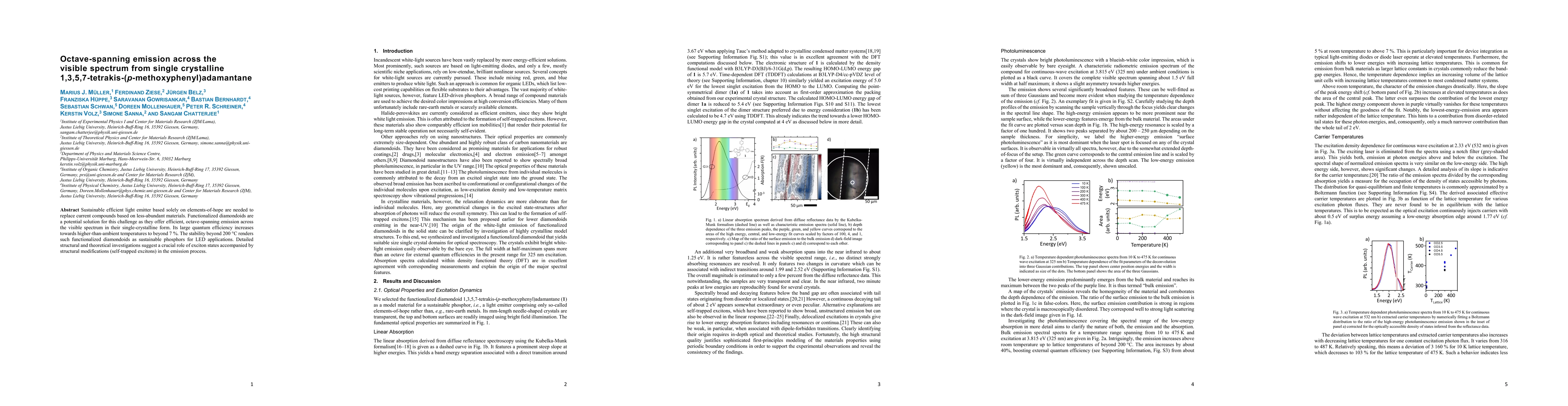 Thumbnail for Octave-spanning 1 emission across the visible spectrum from single
  crystalline 1,3,5,7-tetrakis-($p$-methoxyphenyl)adamantane