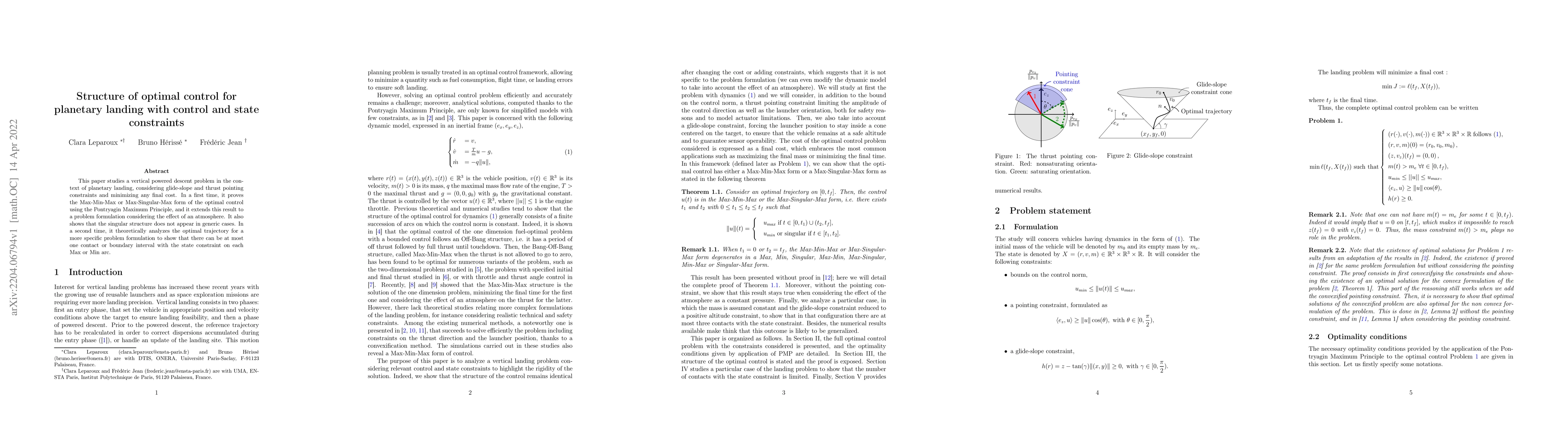 Thumbnail for Structure of optimal control for planetary landing with control and
  state constraints