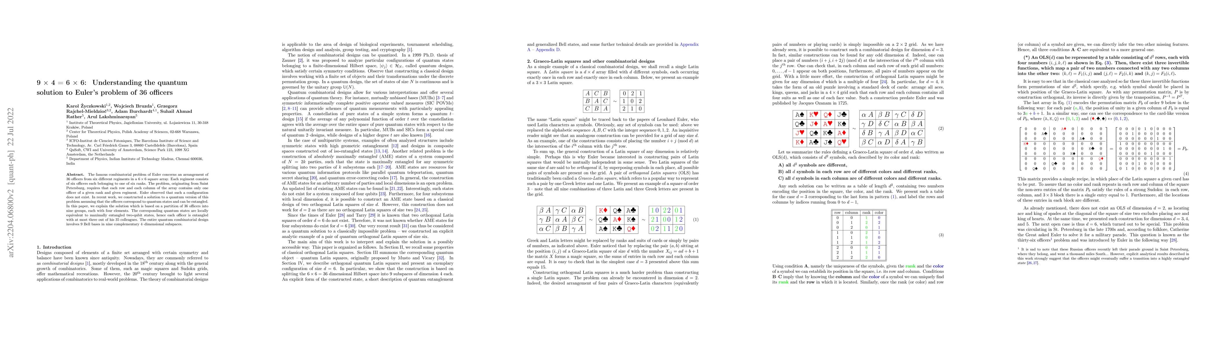 Thumbnail for 9 $\times$ 4 = 6 $\times$ 6: Understanding the quantum solution to the
  Euler's problem of 36 officers