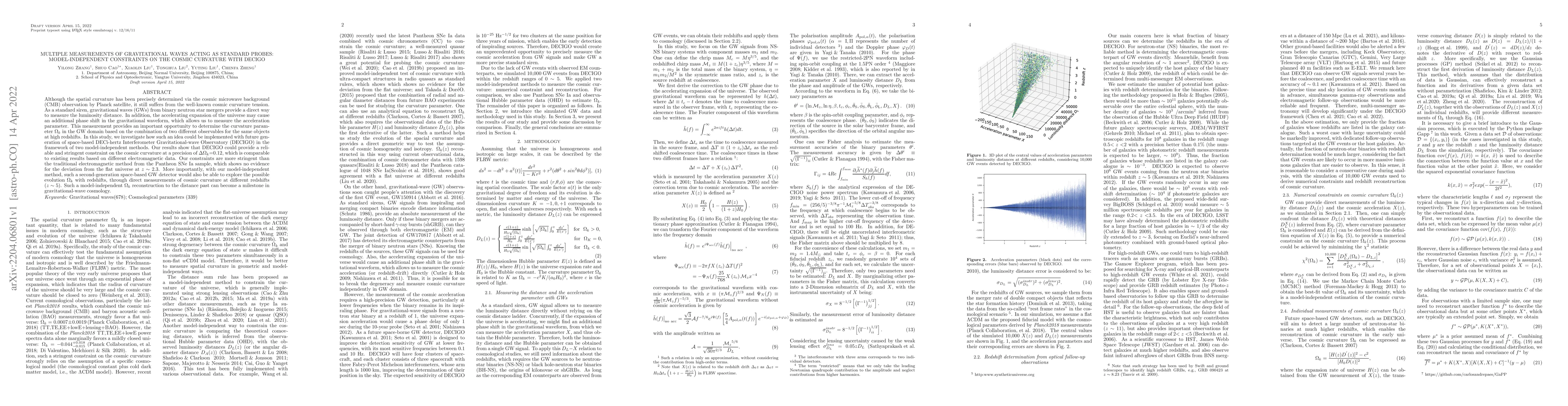 Thumbnail for Multiple measurements of gravitational waves acting as standard probes:
  model-independent constraints on the cosmic curvature with DECIGO
