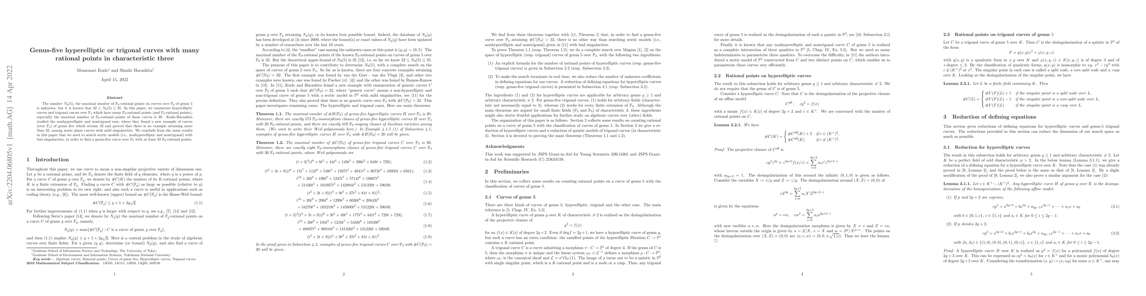 Thumbnail for Genus-five hyperelliptic or trigonal curves with many rational points in
  characteristic three
