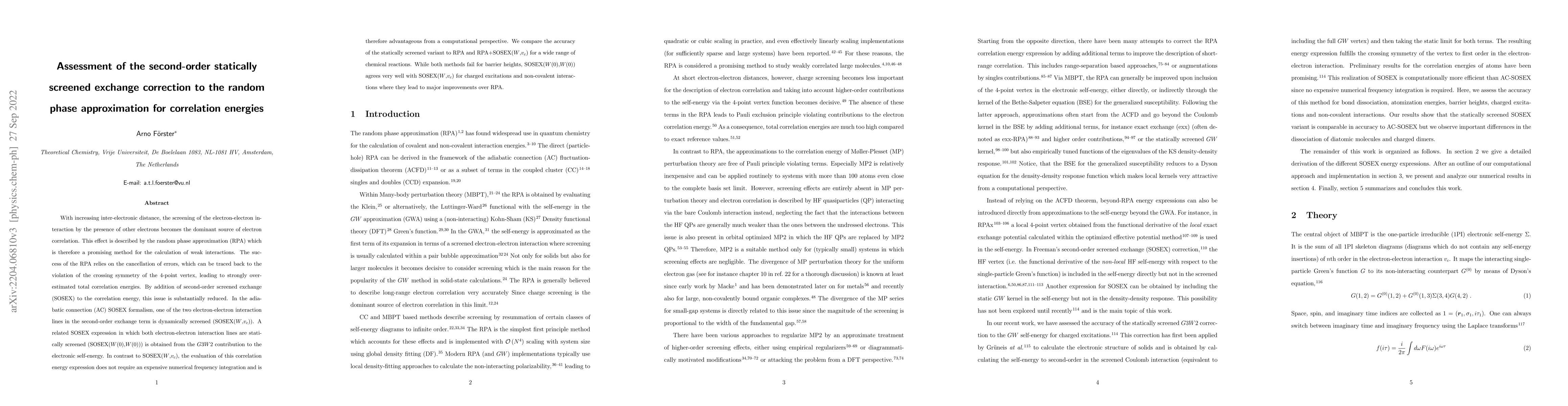 Thumbnail for Assessment of the second-order statically screened exchange correction
  to the random phase approximation for correlation energies