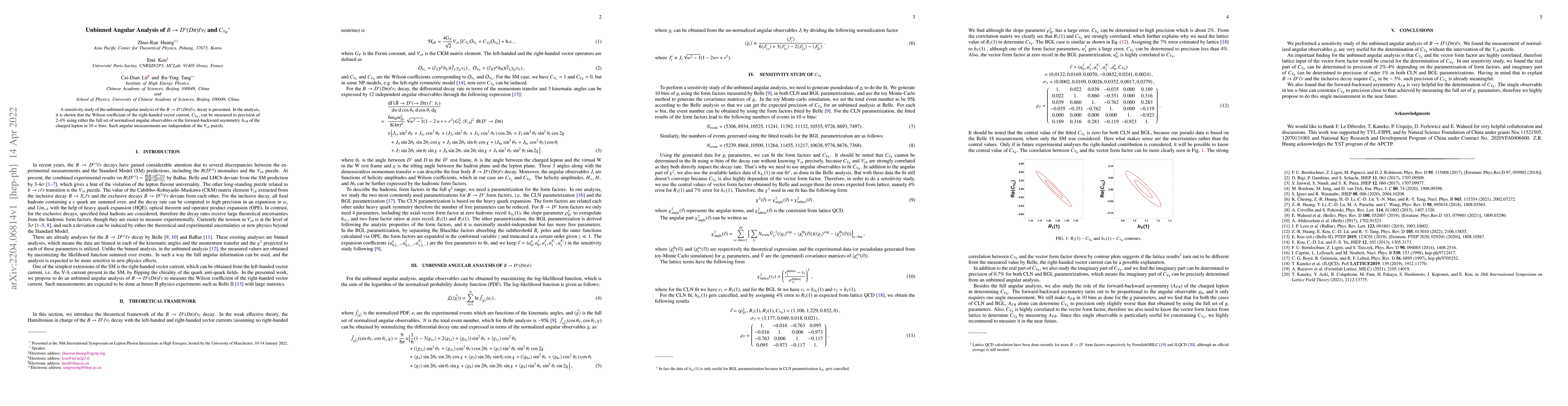 Thumbnail for Unbinned Angular Analysis of $B\to D^*(D\pi)\ell \nu_\ell$ and $C_{V_R}$