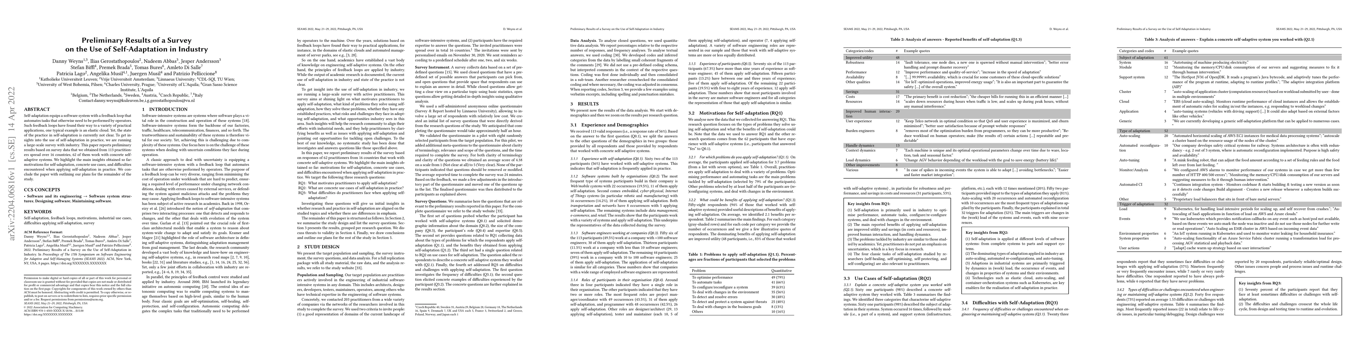 Thumbnail for Preliminary Results of a Survey on the Use of Self-Adaptation in
  Industry