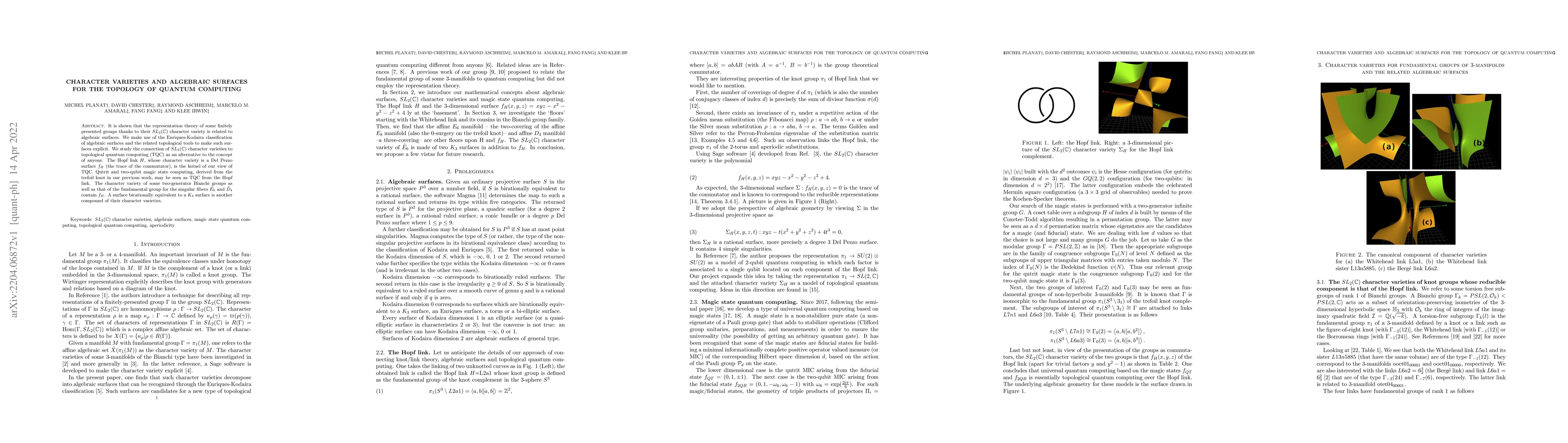 Thumbnail for Character varieties and algebraic surfaces for the topology of quantum
  computing
