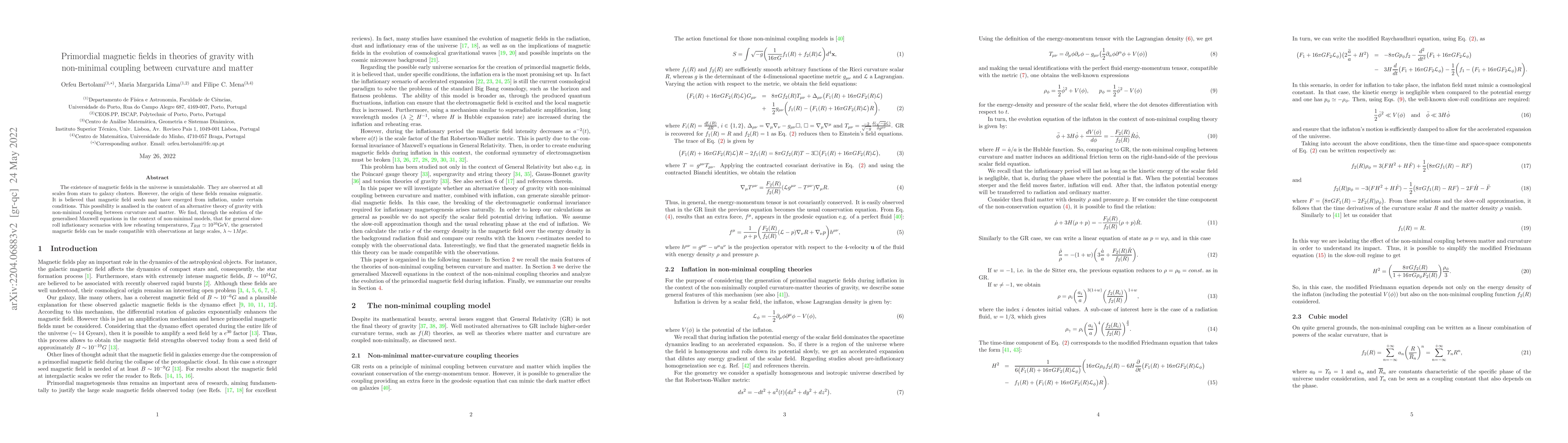 Thumbnail for Primordial magnetic fields in theories of gravity with non-minimal
  coupling between curvature and matter