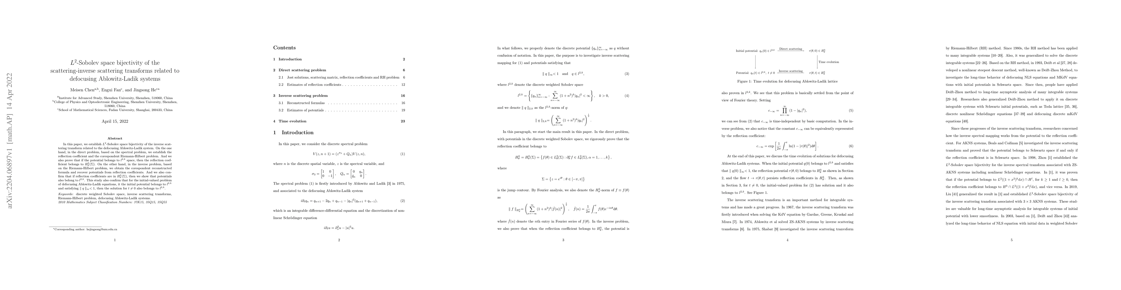 Thumbnail for $L^2$ Sobolev space bijectivity of the scattering-inverse scattering
  transforms related to defocusing Ablowitz-Ladik systems