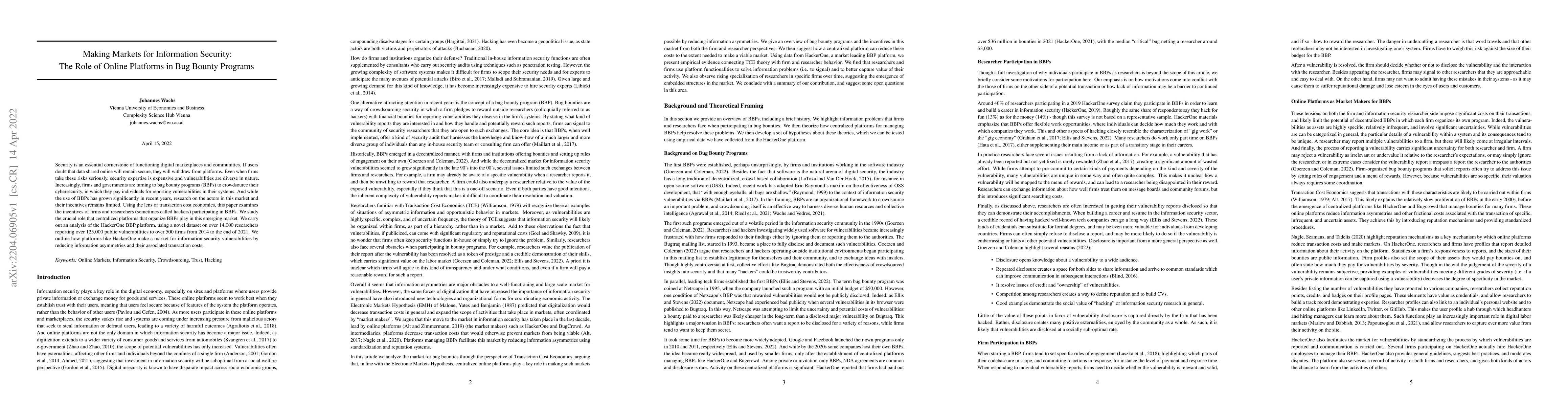 Thumbnail for Making Markets for Information Security: The Role of Online Platforms in
  Bug Bounty Programs
