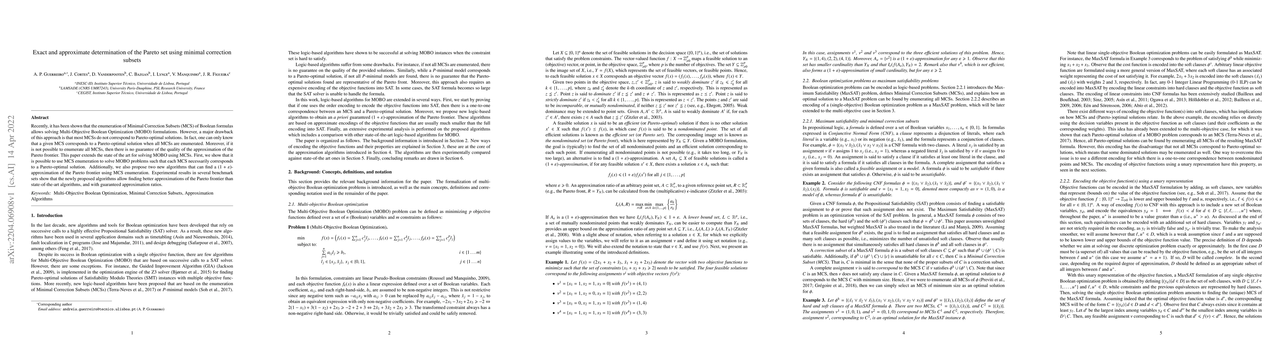 Thumbnail for Exact and approximate determination of the Pareto set using minimal
  correction subsets