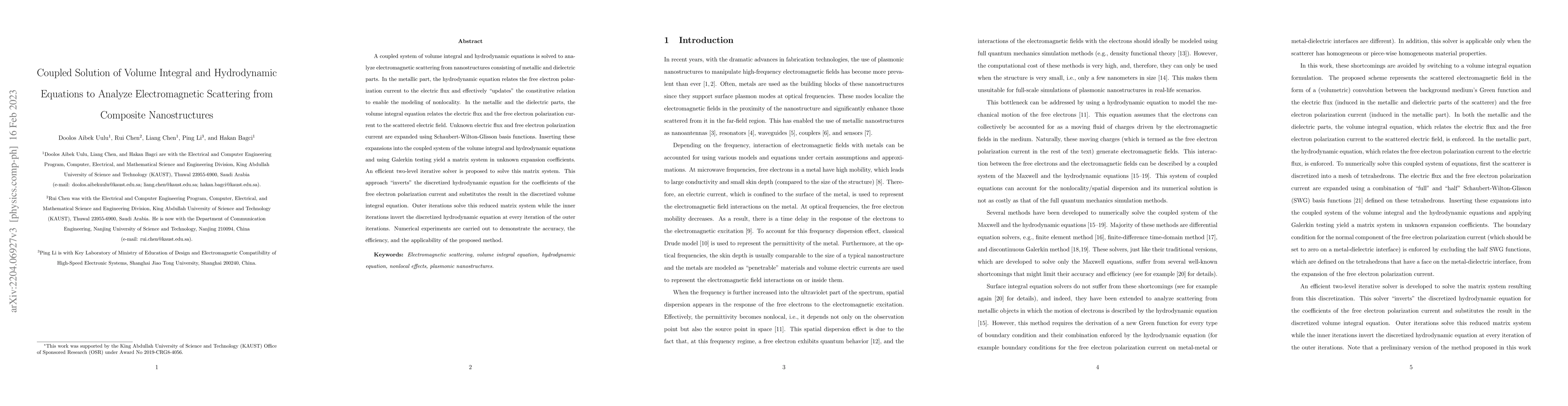 Thumbnail for Solution of Volume Integral and Hydrodynamic Equations to Analyze
  Electromagnetic Scattering from Composite Nanostructures