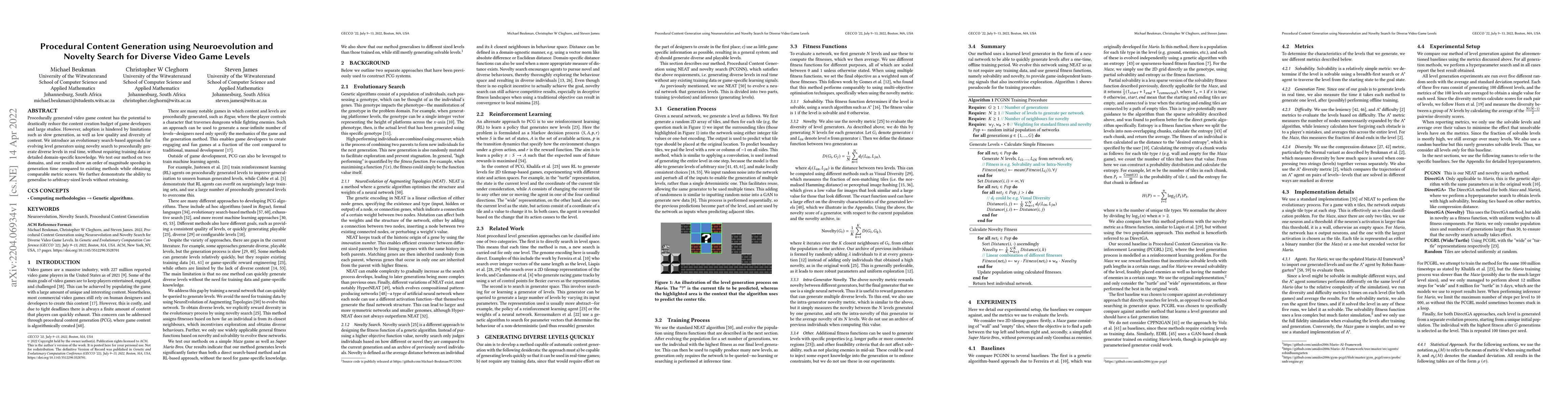 Thumbnail for Procedural Content Generation using Neuroevolution and Novelty Search
  for Diverse Video Game Levels