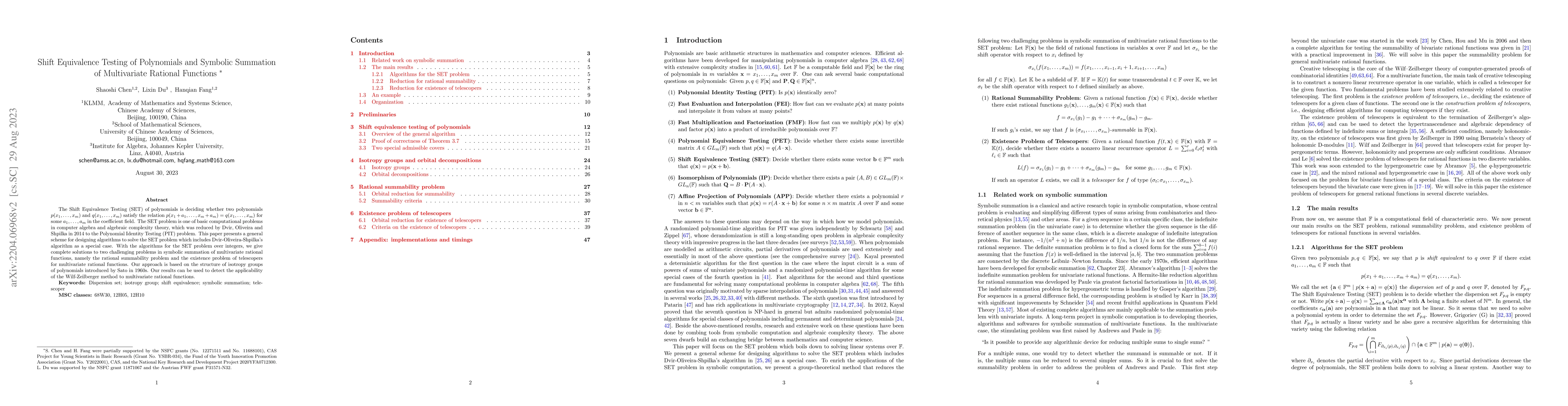 Thumbnail for Shift Equivalence Testing of Polynomials and Symbolic Summation of
  Multivariate Rational Functions