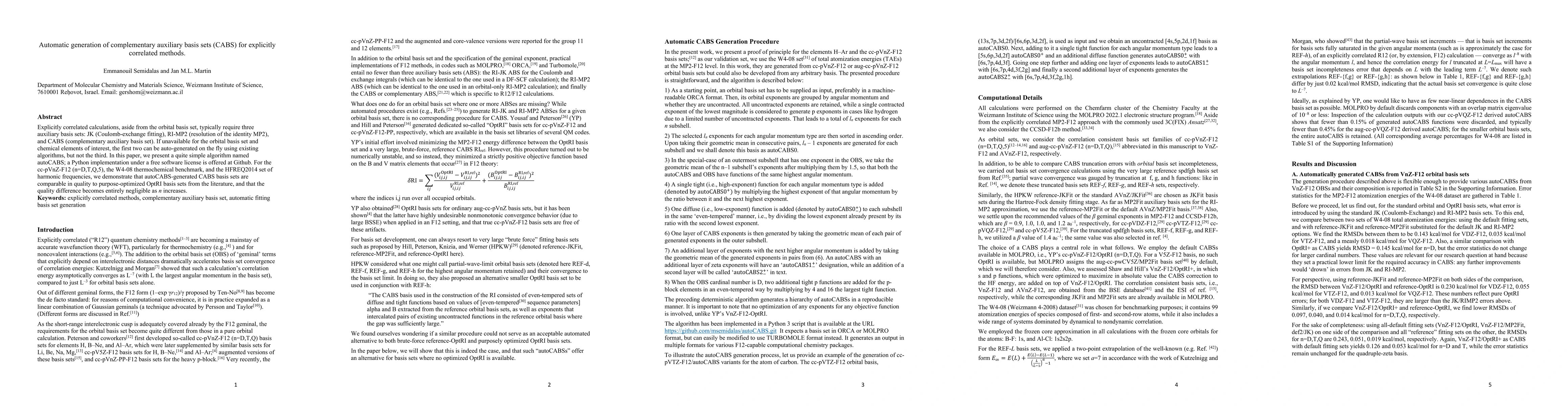 Thumbnail for Automatic generation of complementary auxiliary basis sets (CABS) for
  explicitly correlated methods