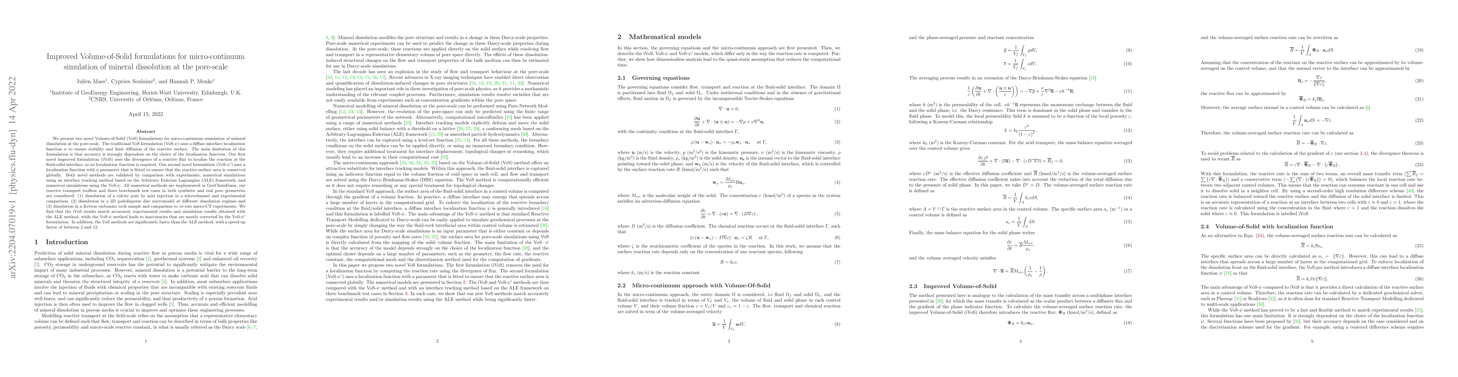 Thumbnail for Improved Volume-of-Solid formulations for micro-continuum simulation of
  mineral dissolution at the pore-scale