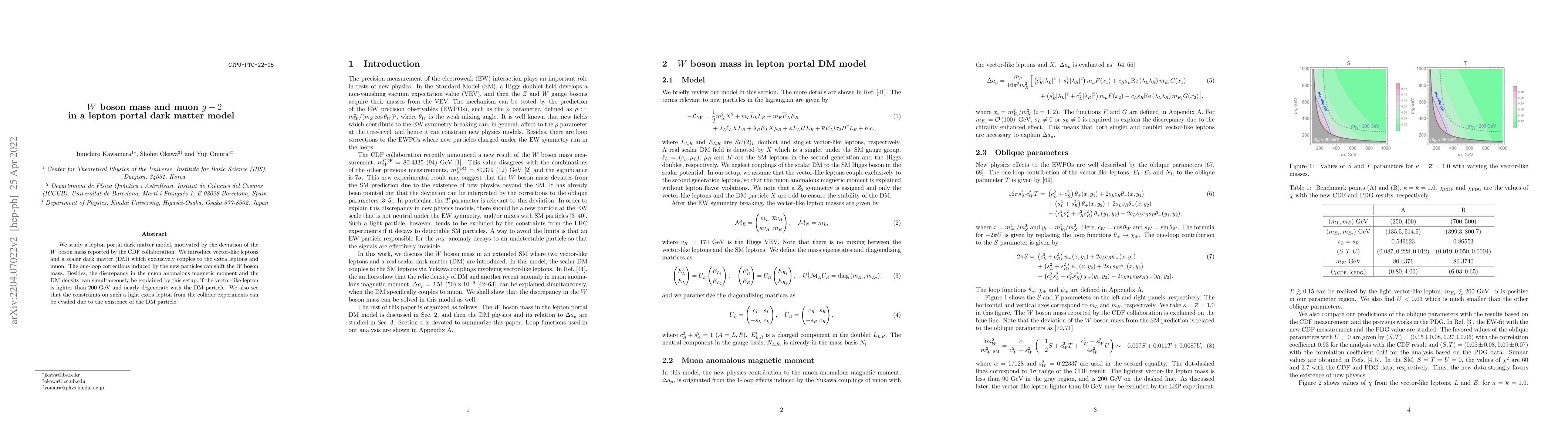 Thumbnail for $W$ boson mass and muon $g-2$ in a lepton portal dark matter model