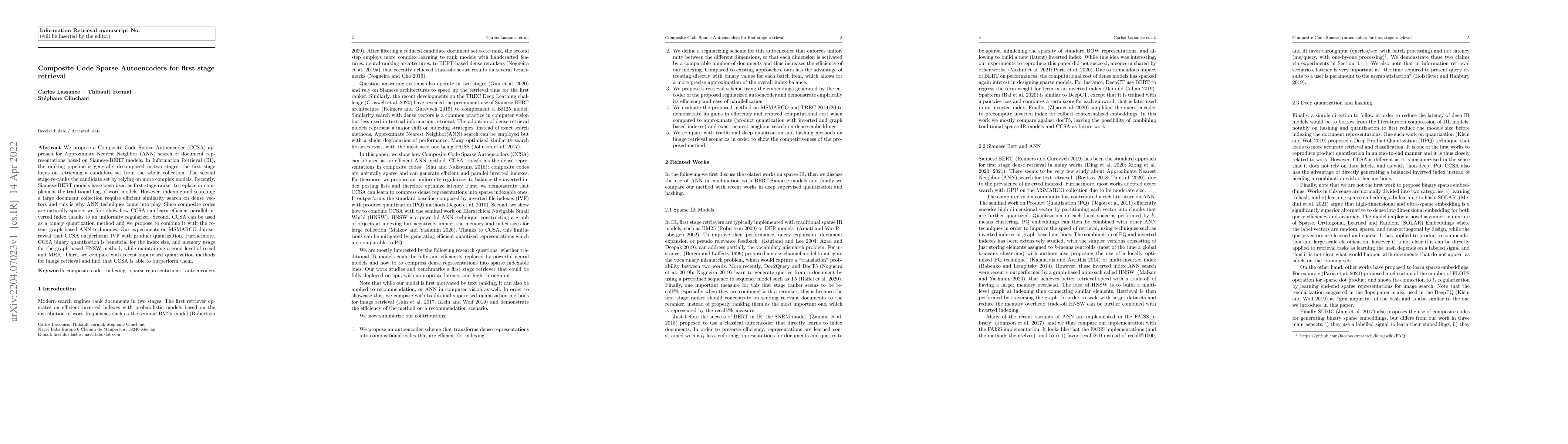 Thumbnail for Composite Code Sparse Autoencoders for first stage retrieval