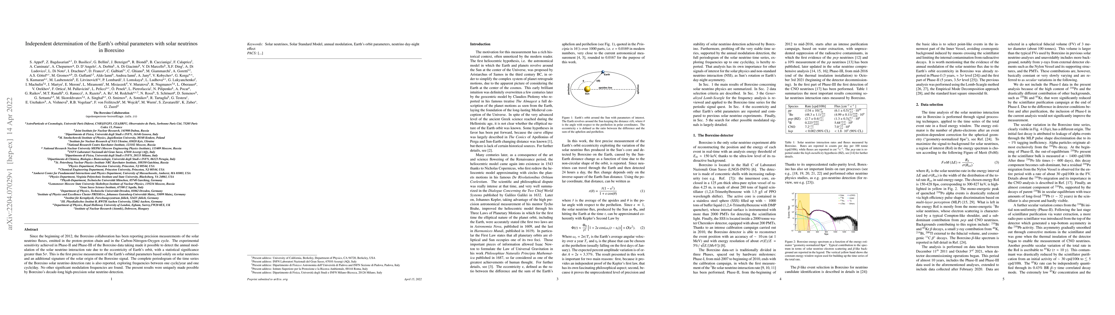Thumbnail for Independent determination of the Earth's orbital parameters with solar
  neutrinos in Borexino