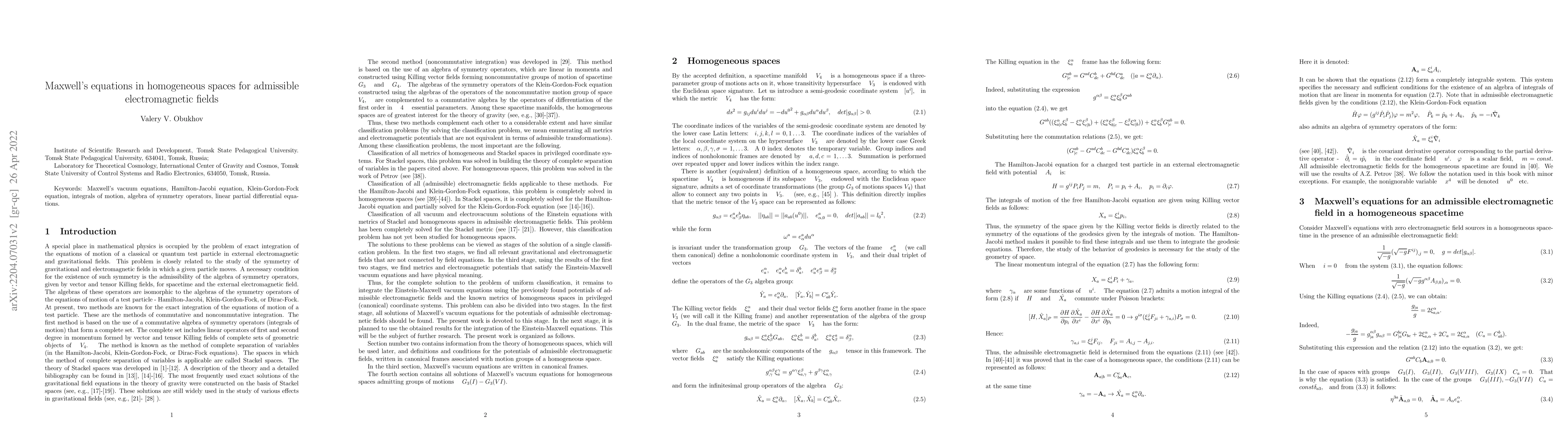 Thumbnail for Maxwell's equations in homogeneous spaces for admissible electromagnetic
  fields