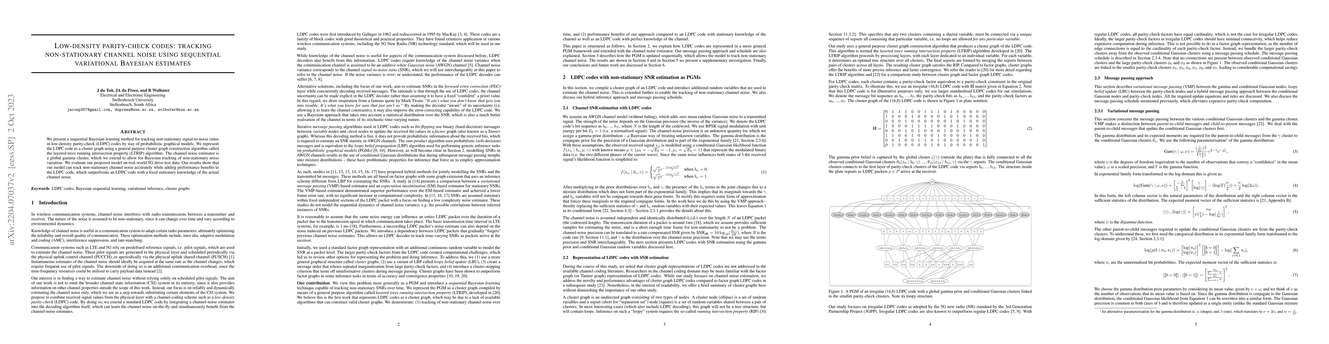 Thumbnail for LDPC codes: tracking non-stationary channel noise using sequential
  variational Bayesian estimates