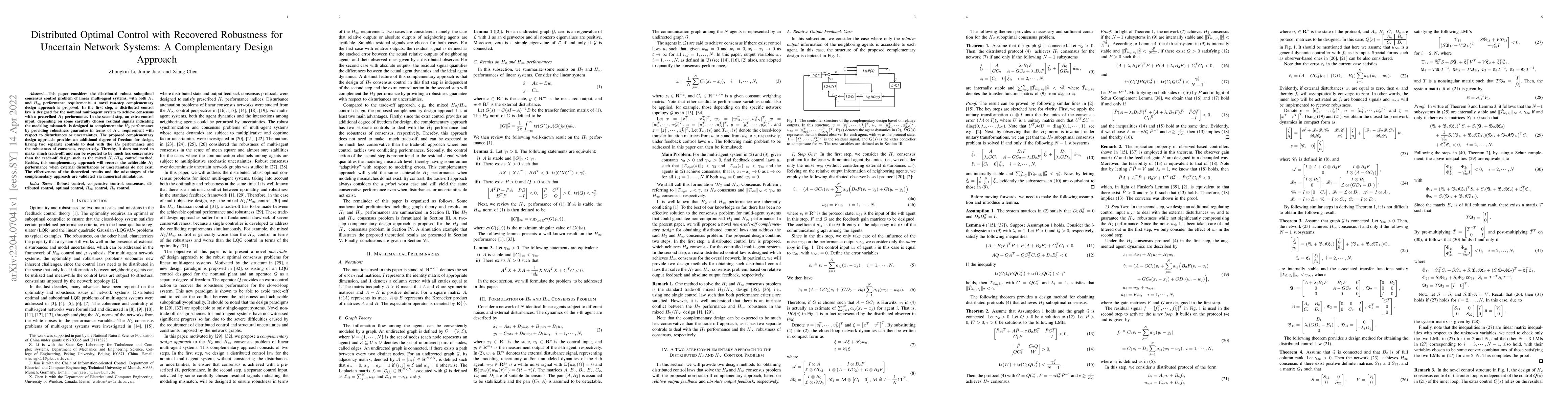 Thumbnail for Distributed Optimal Control with Recovered Robustness for Uncertain
  Network Systems: A Complementary Design Approach