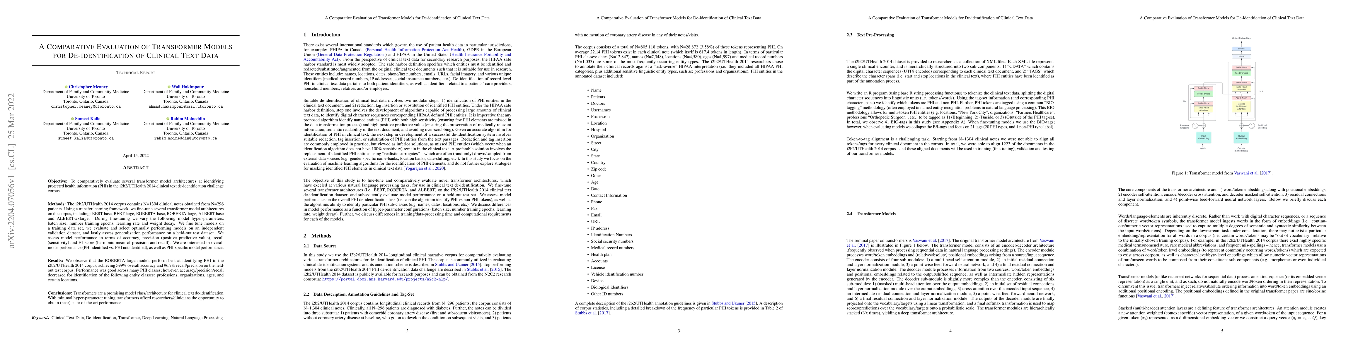 Thumbnail for A Comparative Evaluation Of Transformer Models For De-Identification Of
  Clinical Text Data