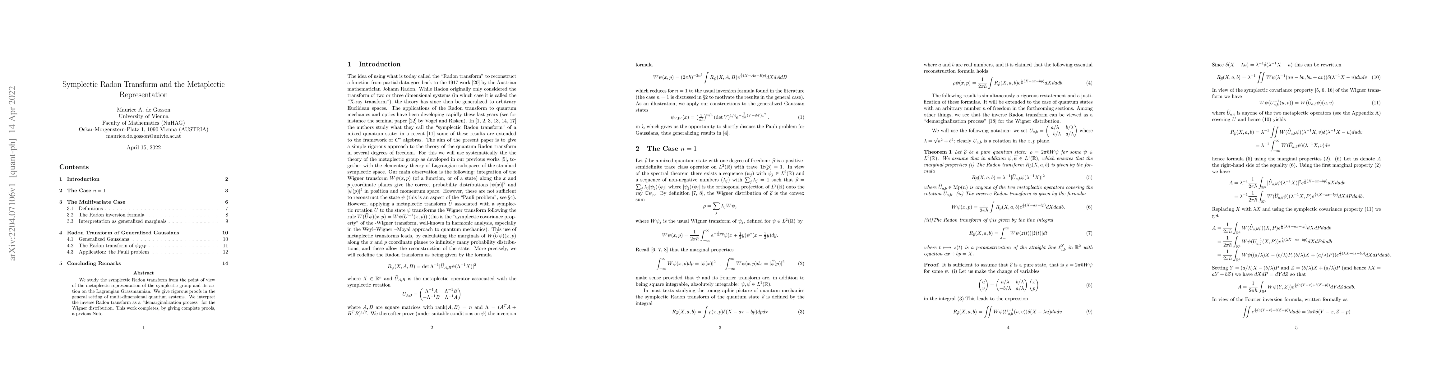 Thumbnail for Symplectic Radon Transform and the Metaplectic Representation