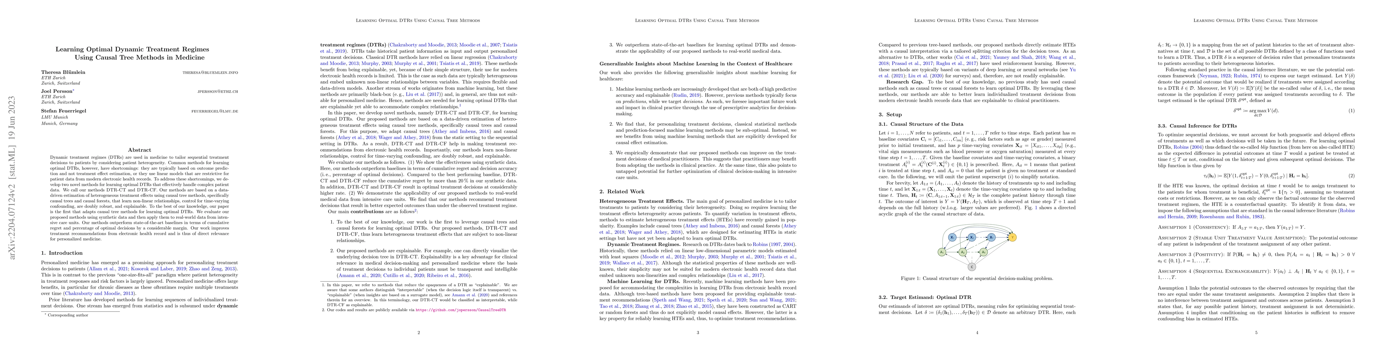 Thumbnail for Learning Optimal Dynamic Treatment Regimes Using Causal Tree Methods in
  Medicine