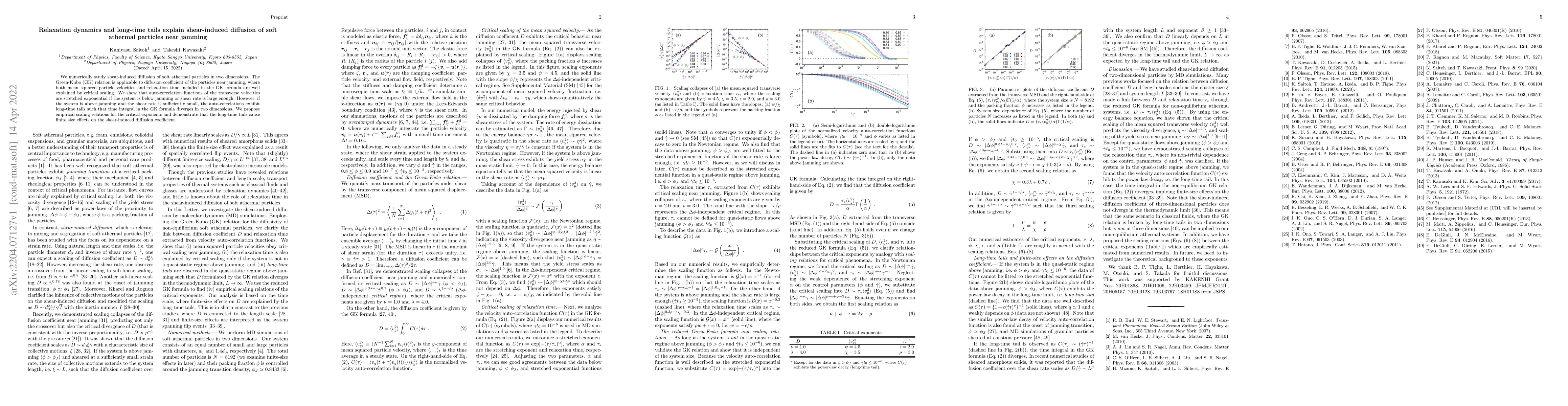Thumbnail for Relaxation dynamics and long-time tails explain shear-induced diffusion
  of soft athermal particles near jamming