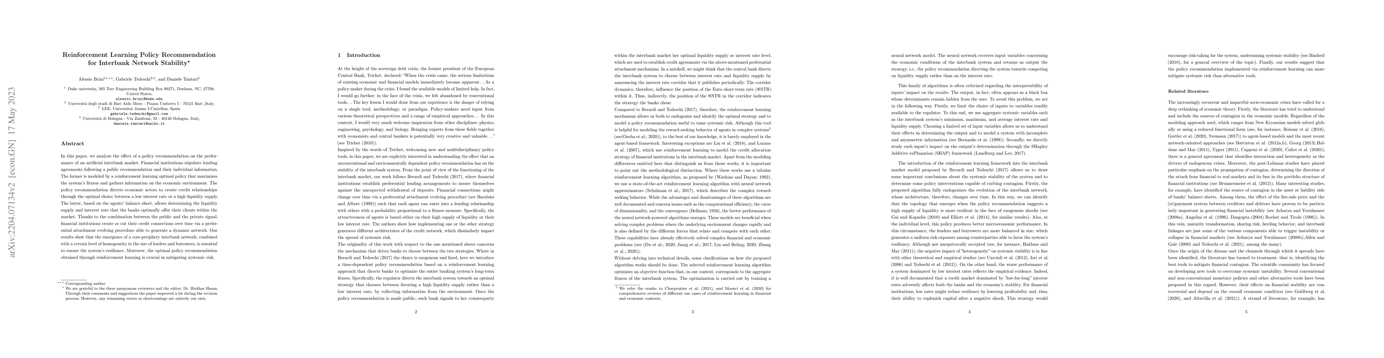 Thumbnail for Reinforcement Learning Policy Recommendation for Interbank Network
  Stability