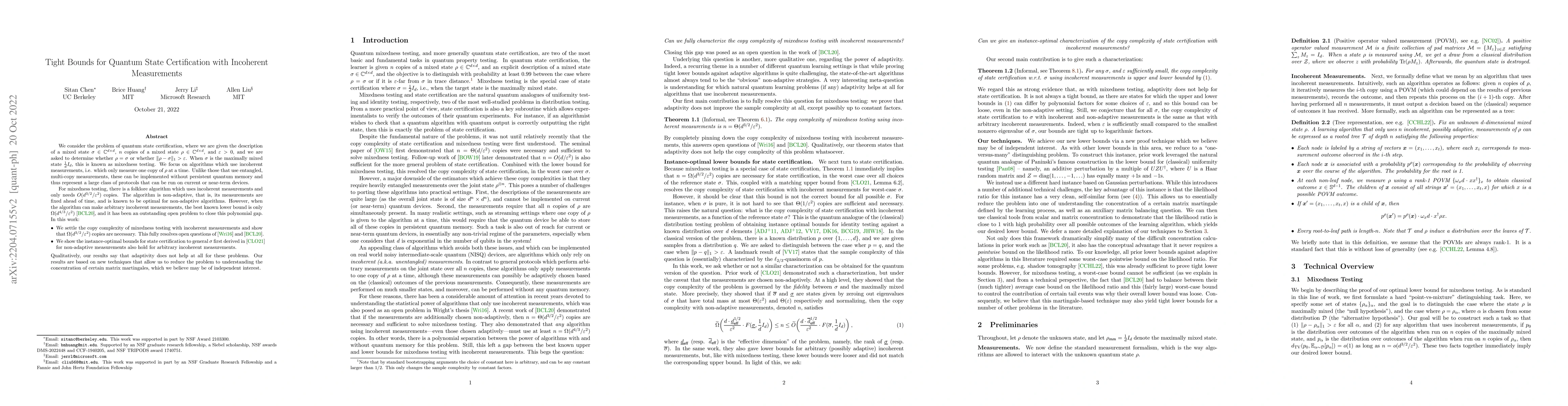 Thumbnail for Tight Bounds for Quantum State Certification with Incoherent
  Measurements
