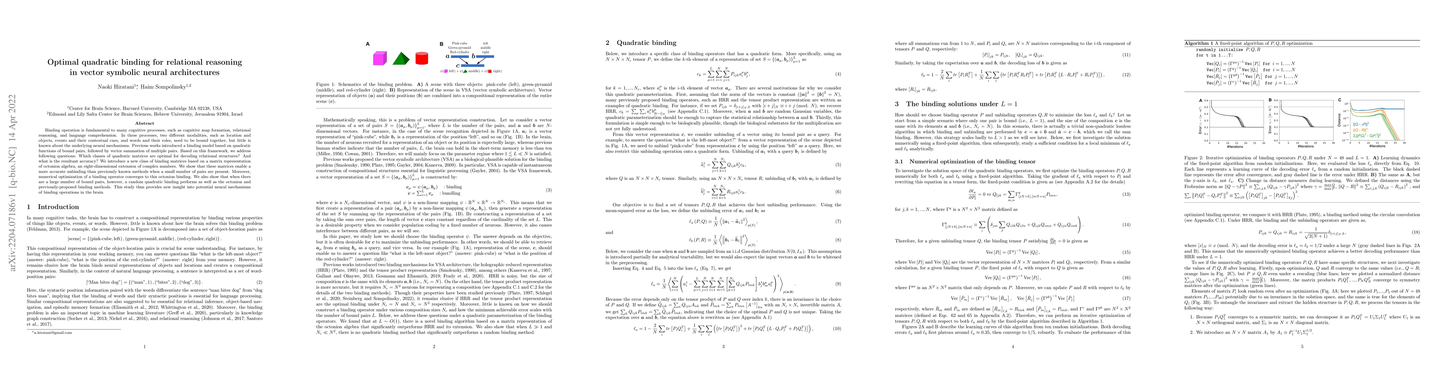 Thumbnail for Optimal quadratic binding for relational reasoning in vector symbolic
  neural architectures
