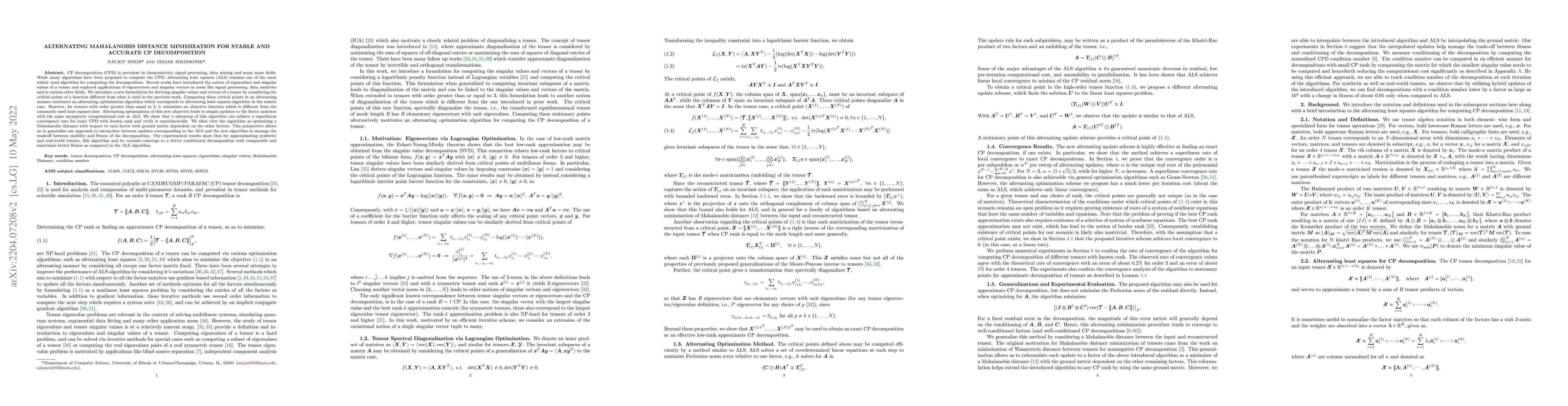 Thumbnail for Alternating Mahalanobis Distance Minimization for Stable and Accurate CP
  Decomposition
