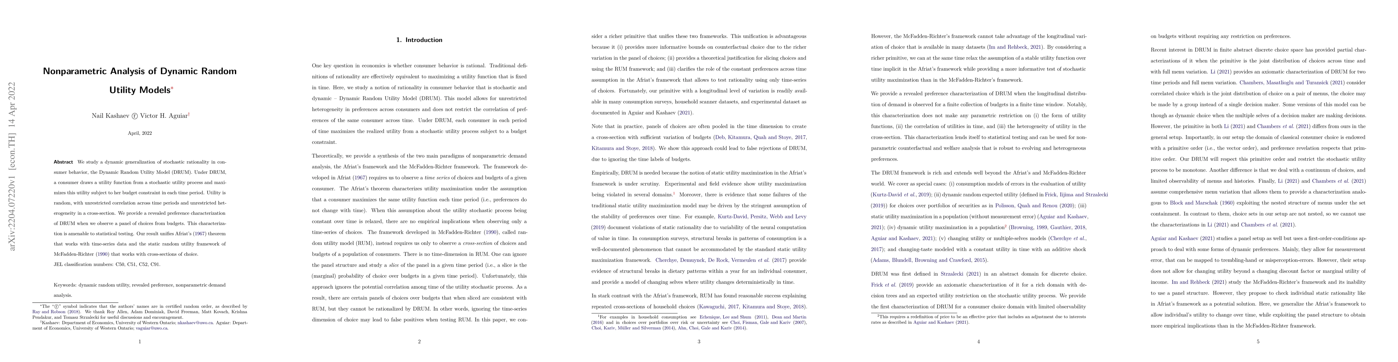 Thumbnail for Nonparametric Analysis of Dynamic Random Utility Models