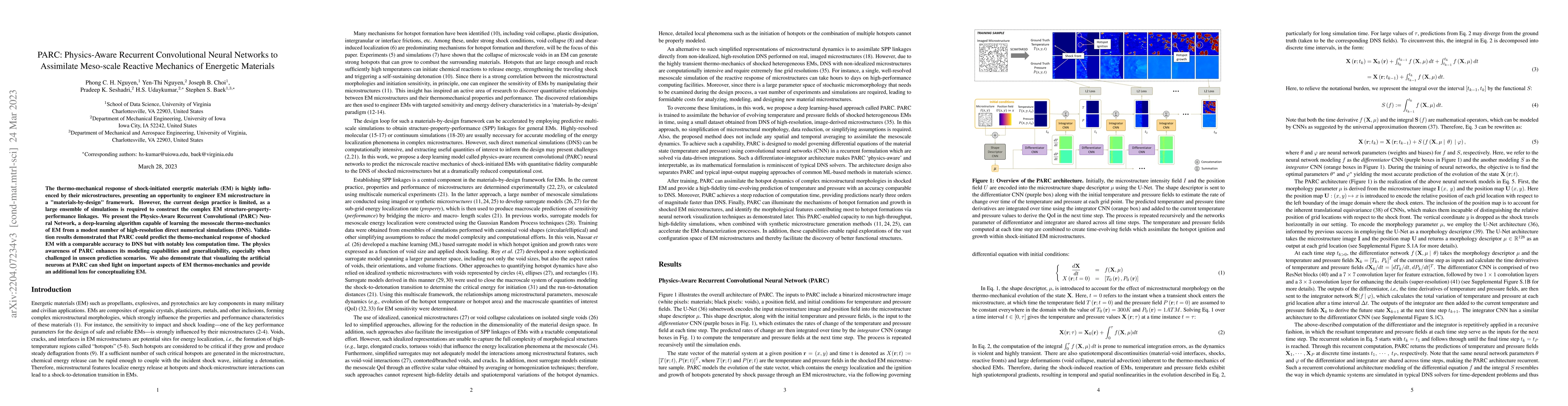 Thumbnail for PARC: Physics-Aware Recurrent Convolutional Neural Networks to
  Assimilate Meso-scale Reactive Mechanics of Energetic Materials