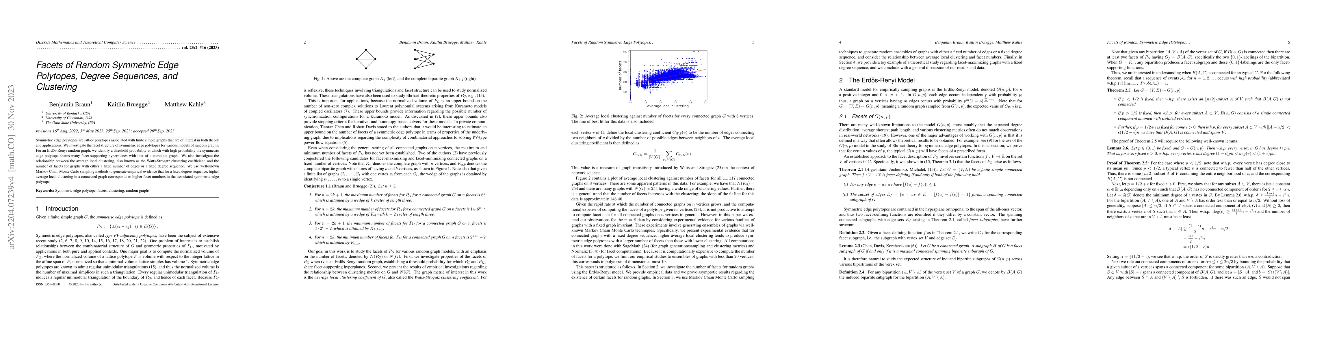 Thumbnail for Facets of Random Symmetric Edge Polytopes, Degree Sequences, and
  Clustering
