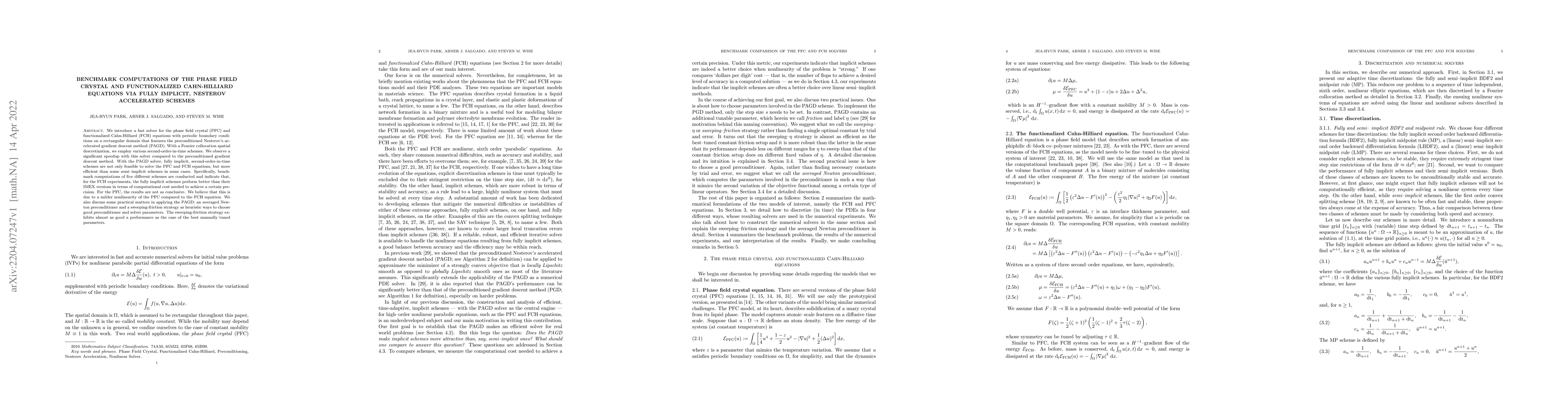Thumbnail for Benchmark computations of the phase field crystal and functionalized
  Cahn-Hilliard equations via fully implicit, Nesterov accelerated schemes