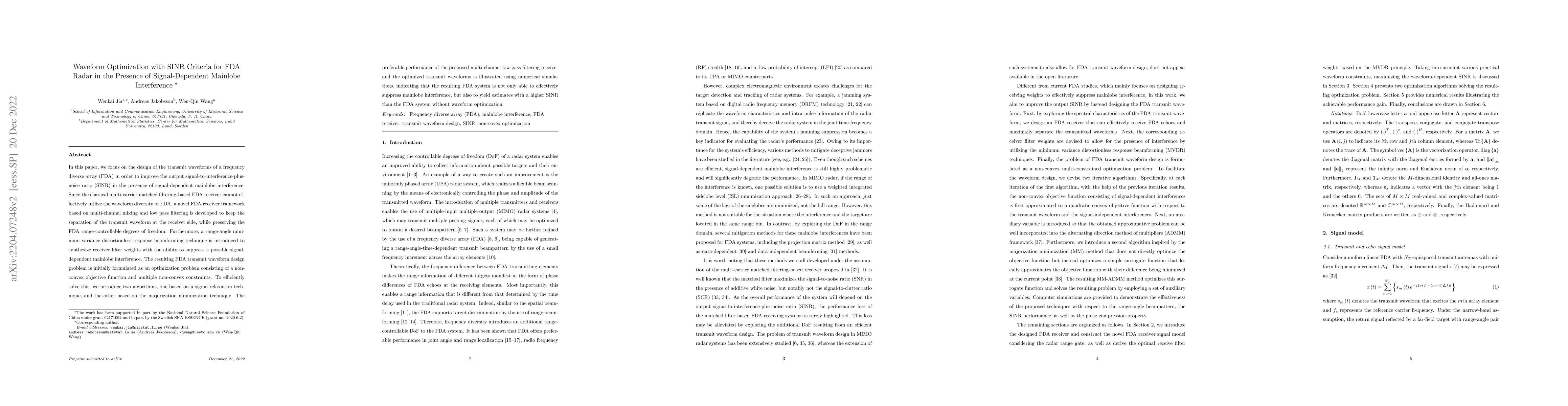 Thumbnail for Waveform Optimization with SINR Criteria for FDA Radar in the Presence
  of Signal-Dependent Mainlobe Interference