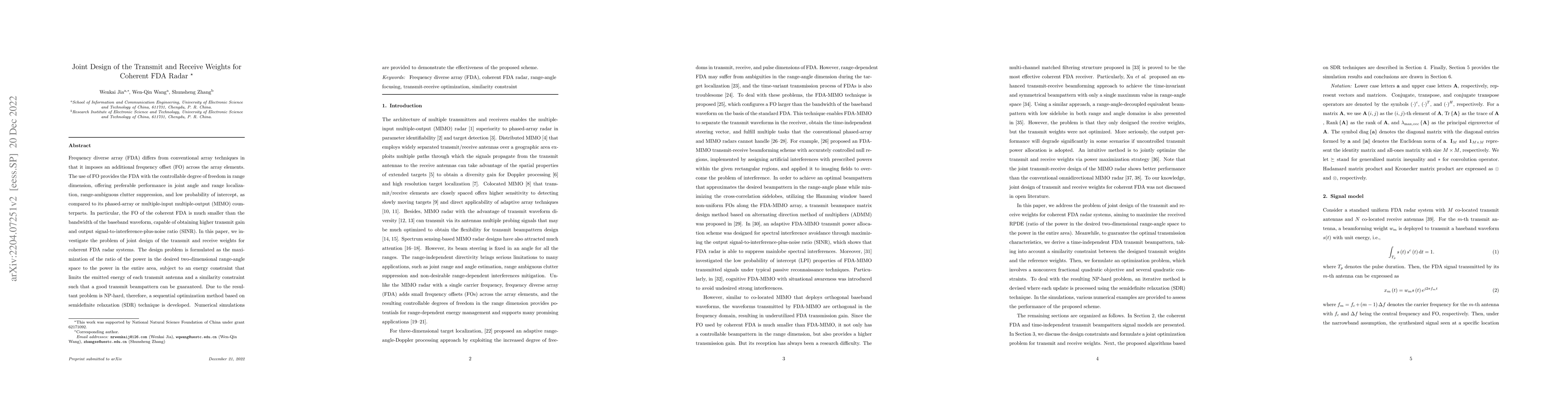 Thumbnail for Joint Design of the Transmit and Receive Weights for Coherent FDA Radar