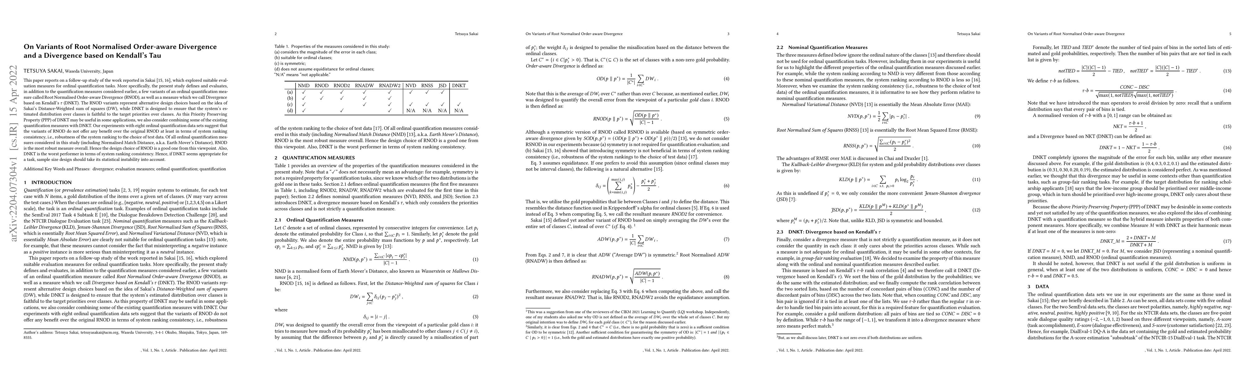 Thumbnail for On Variants of Root Normalised Order-aware Divergence and a Divergence
  based on Kendall's Tau