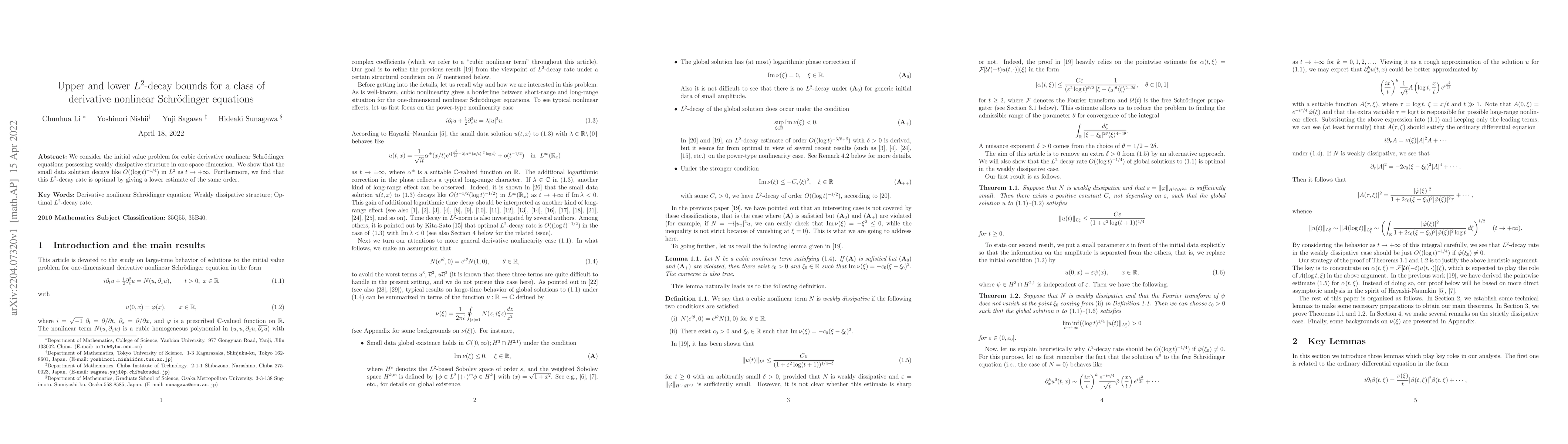 Thumbnail for Upper and lower $L^2$-decay bounds for a class of derivative nonlinear
  Schr\"odinger equations