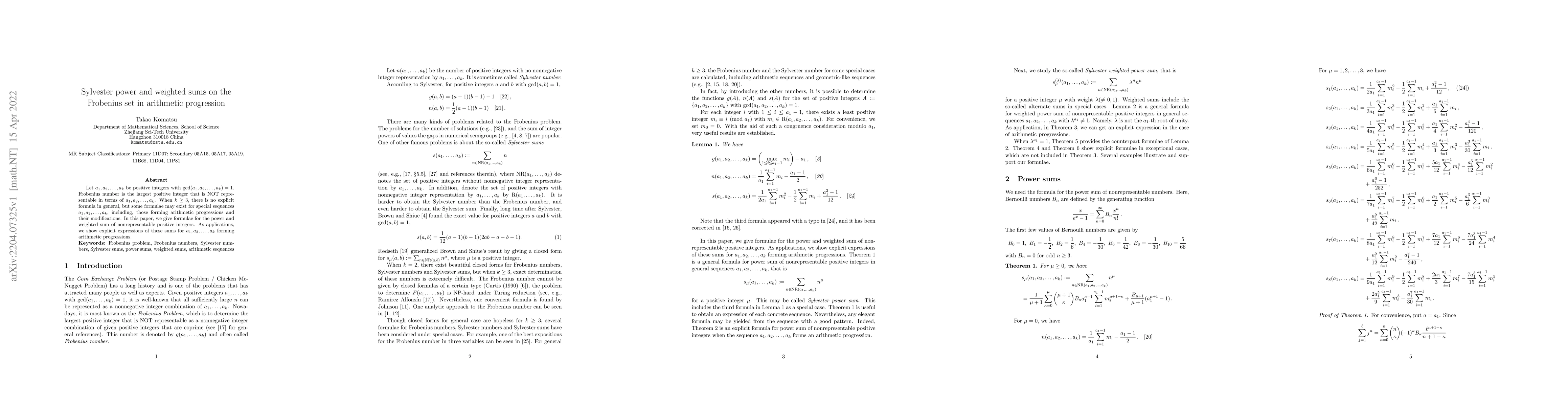Thumbnail for Sylvester power and weighted sums on the Frobenius set in arithmetic
  progression