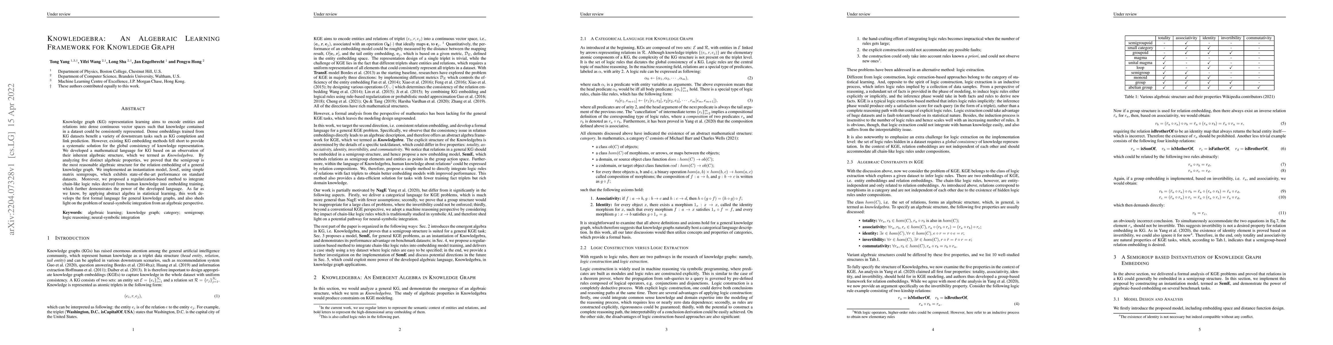 Thumbnail for Knowledgebra: An Algebraic Learning Framework for Knowledge Graph