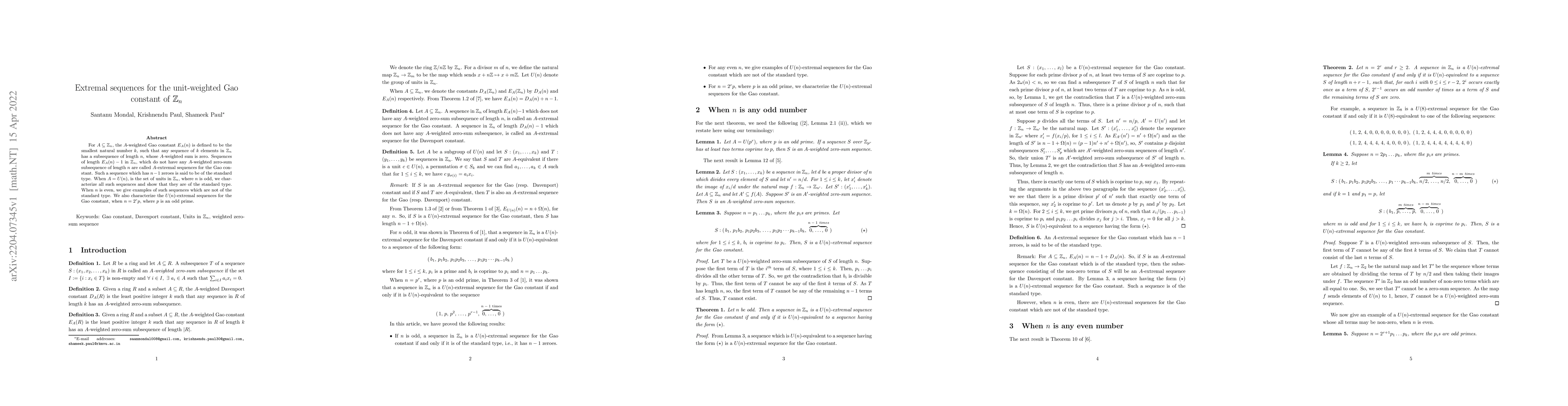 Thumbnail for Extremal sequences for the unit-weighted Gao constant of $\mathbb Z_n$