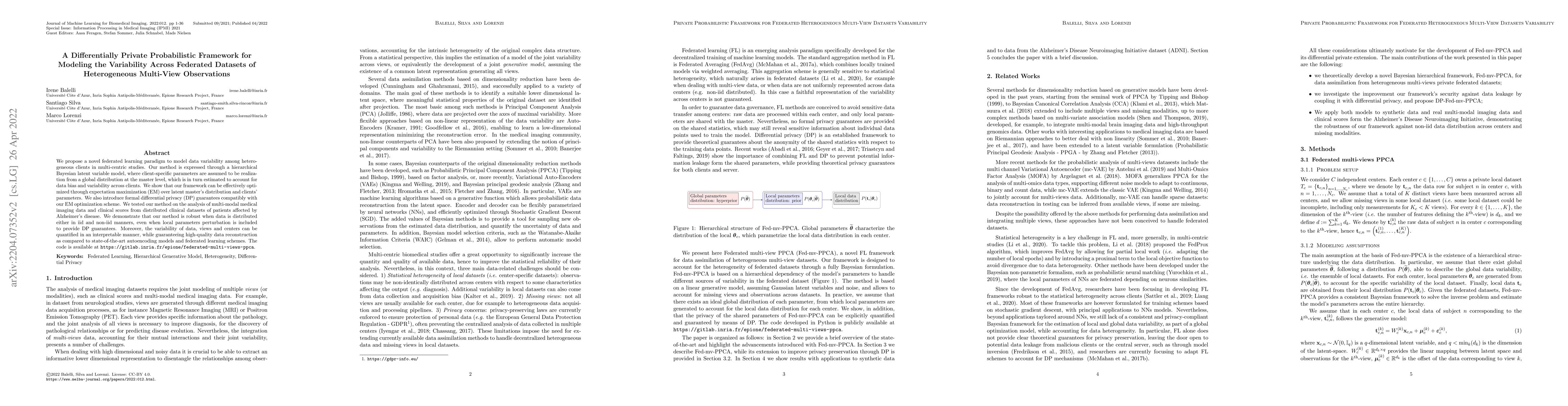 Thumbnail for A Differentially Private Probabilistic Framework for Modeling the
  Variability Across Federated Datasets of Heterogeneous Multi-View
  Observations