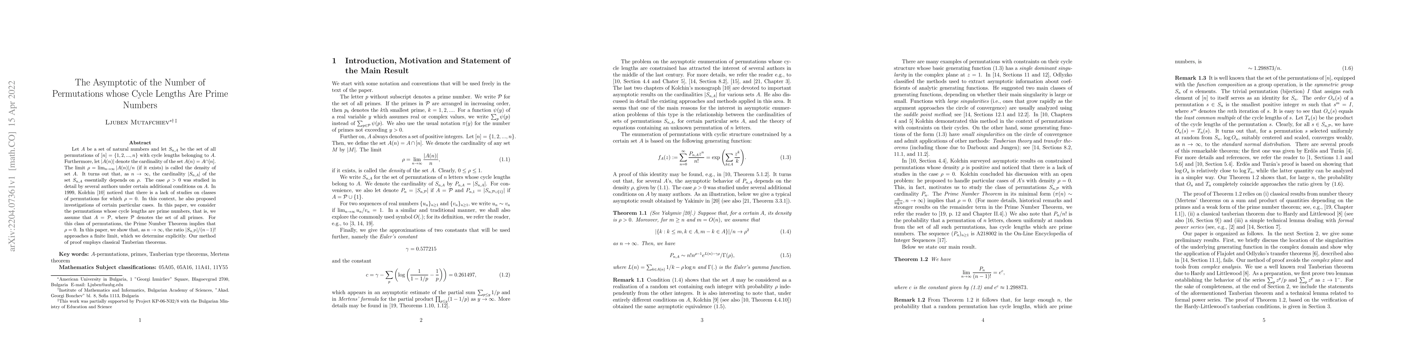 Thumbnail for The asymptotic of the number of permutations whose cycle lengths are
  prime numbers