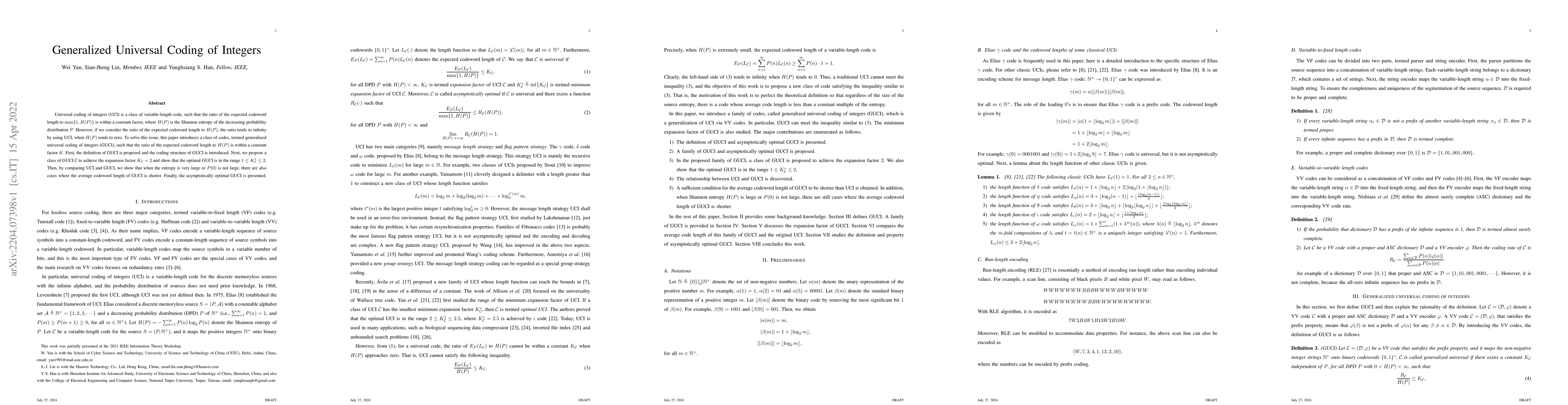 Thumbnail for Generalized Universal Coding of Integers